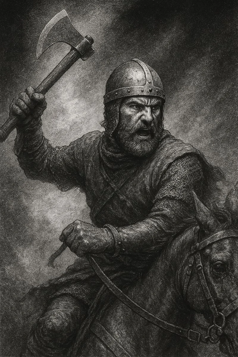 Robert the Bruce rides forward at Bannockburn, axe raised mid-strike, his chainmail and helm carved from stark stippling as battlefield smoke and dust dissolve behind him in harsh, upper-left light.