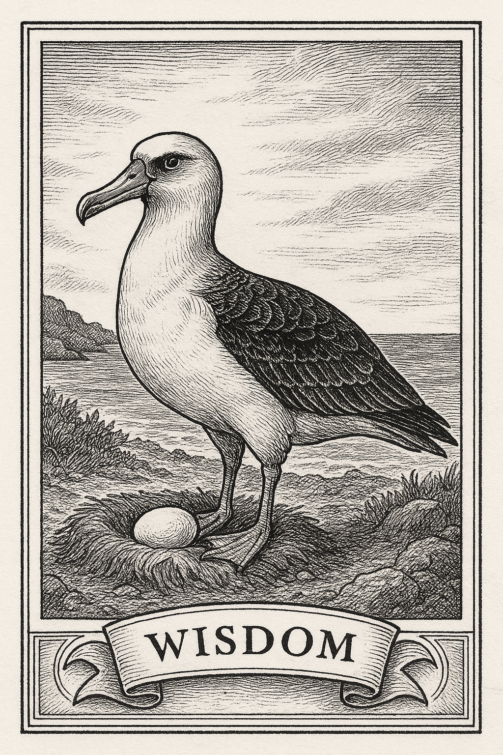 A detailed black-and-white engraved illustration of an albatross standing on a rocky shoreline beside its single egg in a nest. The bird faces left with calm, alert posture, ocean waves and distant cliffs behind it. A banner beneath the image.