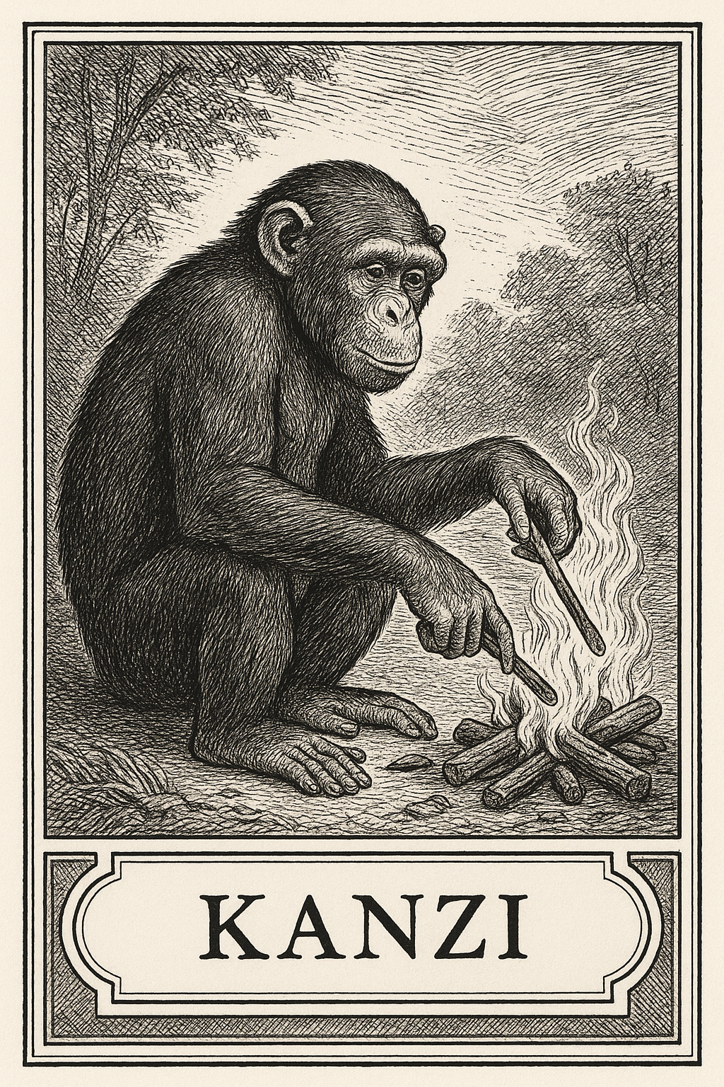 bonobo crouched in a forest clearing carefully tending a small campfire with two sticks