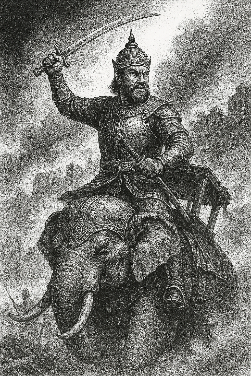 Black-and-white stipple illustration of a historical Burmese king seated on an elephant, shown in detailed traditional attire.