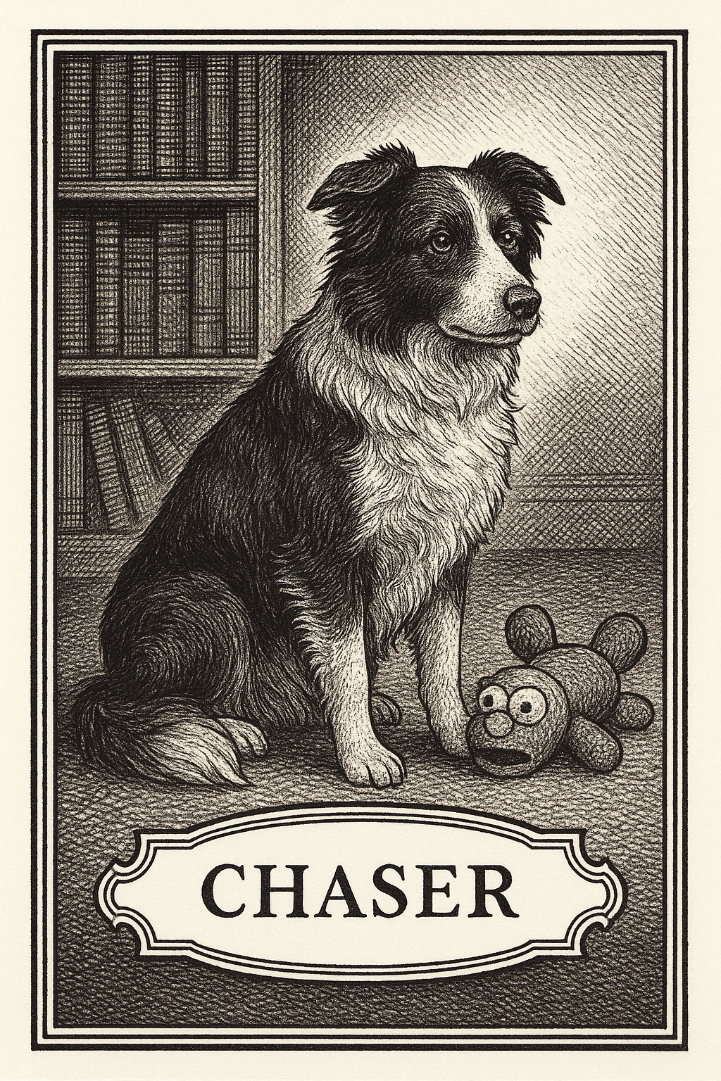 Engraved-style black-and-white illustration of a border collie sitting indoors beside a plush toy, framed like a vintage bookplate with the name “Chaser” beneath.