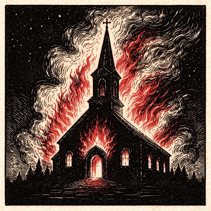 A woodcut-style silhouette of a church burning against a dark night sky, with red flames pouring from its windows and steeple as smoke coils upward, the building rendered as a stark black shape framed by fire and shadow.