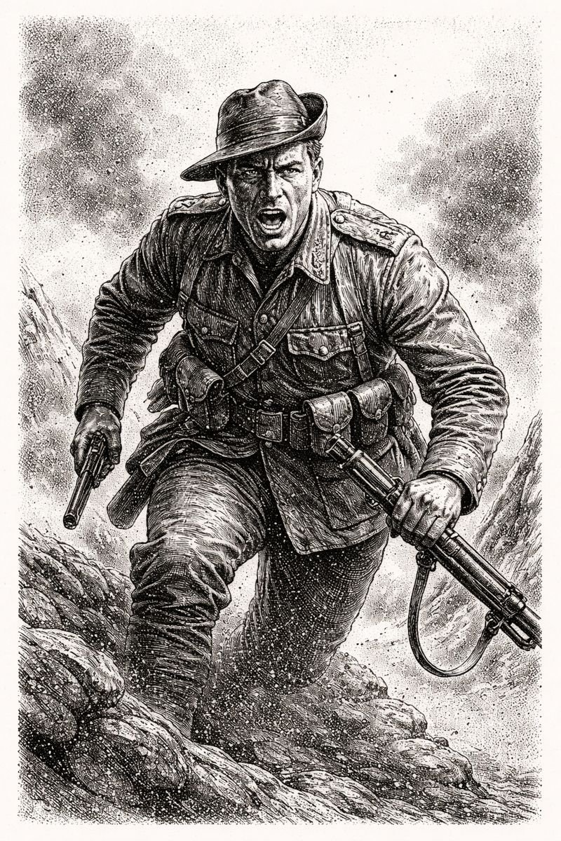 Black-and-white stippling illustration of Albert Jacka charging from a World War I trench, rifle in hand, face set with fierce determination as smoke and shattered earth erupt around him.