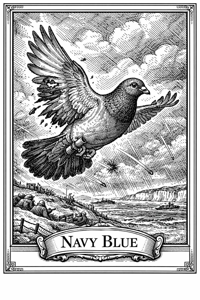 Engraved black-and-white atlas-style illustration of Navy Blue, a WWII British war pigeon, flying wounded above the English Channel during a storm in June 1944, one wing damaged yet holding course toward England.