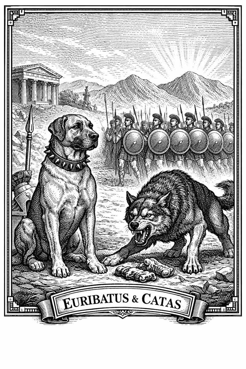 Black-and-white engraved atlas-style illustration of two Spartan dogs, Euribatus and Catas, seated before drilling hoplites at dawn in 7th-century BCE Sparta, framed by mountains, shields, and spears within a bordered historical plate.