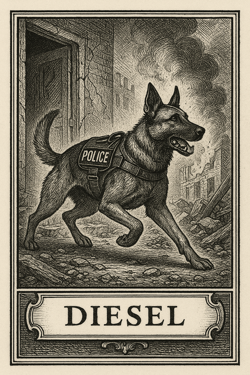 A black and white engraving of a Belgian Malinois police dog in a tactical vest marked POLICE standing in a damaged city street with rubble and smoke behind it.