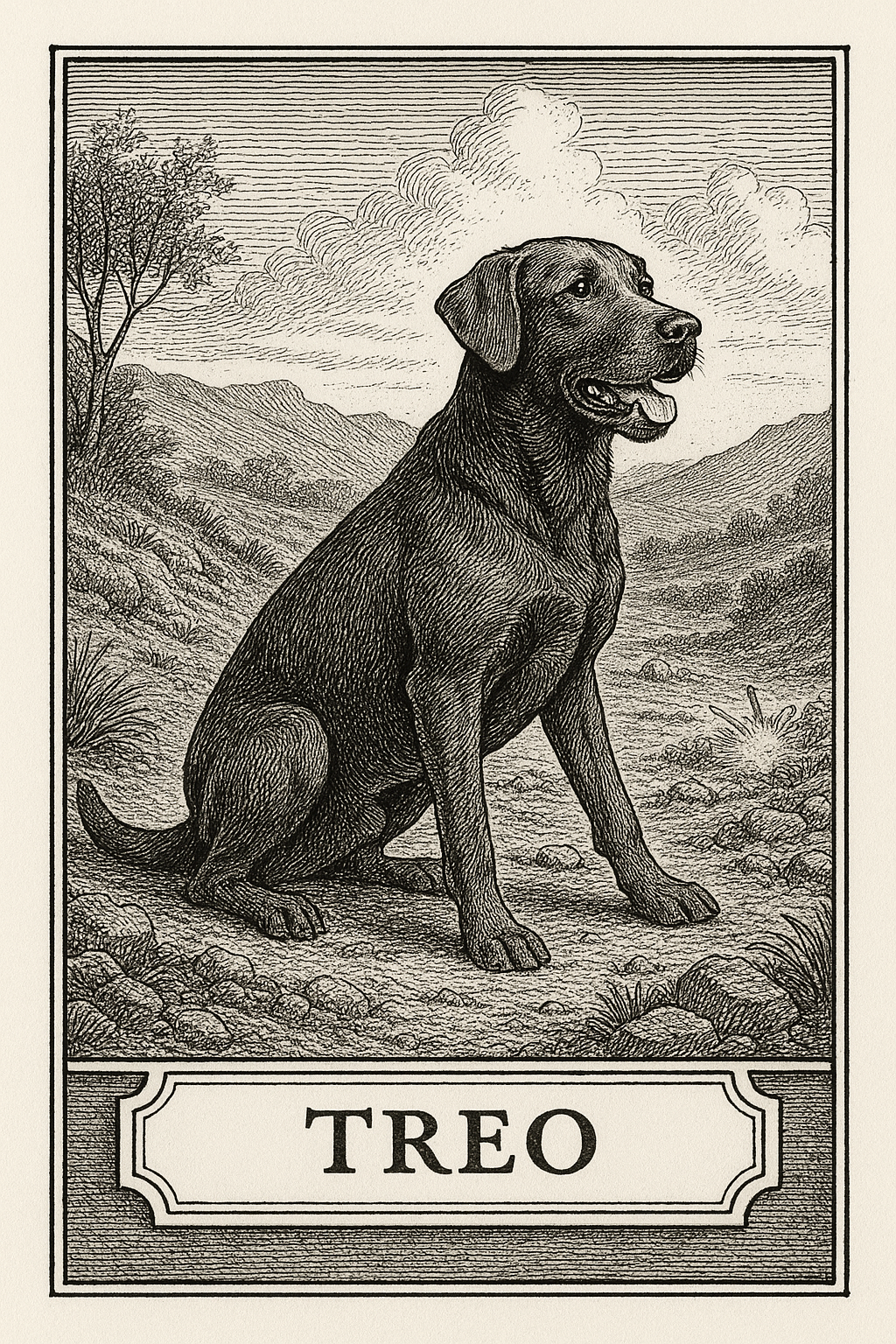 Black-and-white engraved illustration of Treo, a Labrador, sitting on a rocky trail with mountains behind him; nameplate reading “TREO” below.