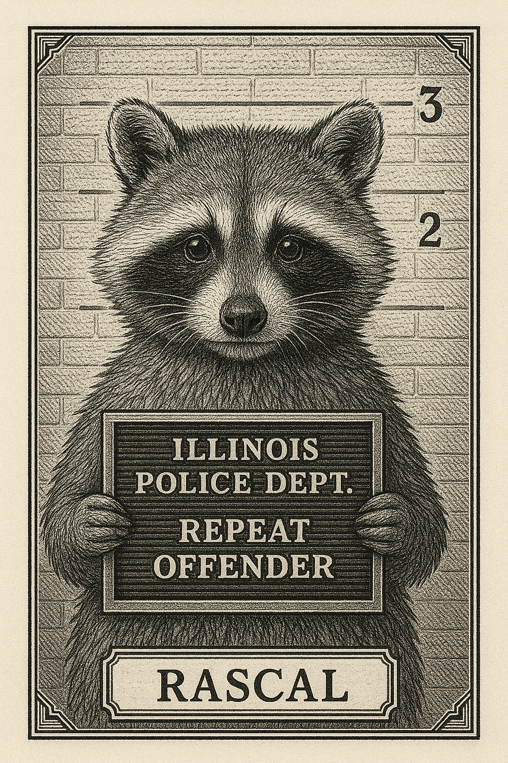 A black-and-white engraved illustration of a raccoon shown in two views, one facing forward and one in profile. The animal holds a rectangular sign with text. Behind it is a lined measurement backdrop, all enclosed within a decorative border.