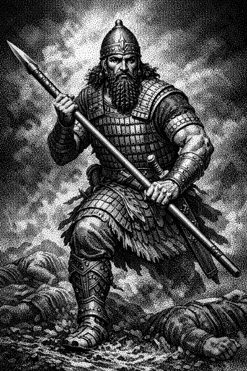 Black-and-white stippling illustration of Tiglath-Pileser I, Assyrian king, advancing through battlefield smoke in lamellar armor, gripping a spear, rendered with harsh directional light and stark contrast.