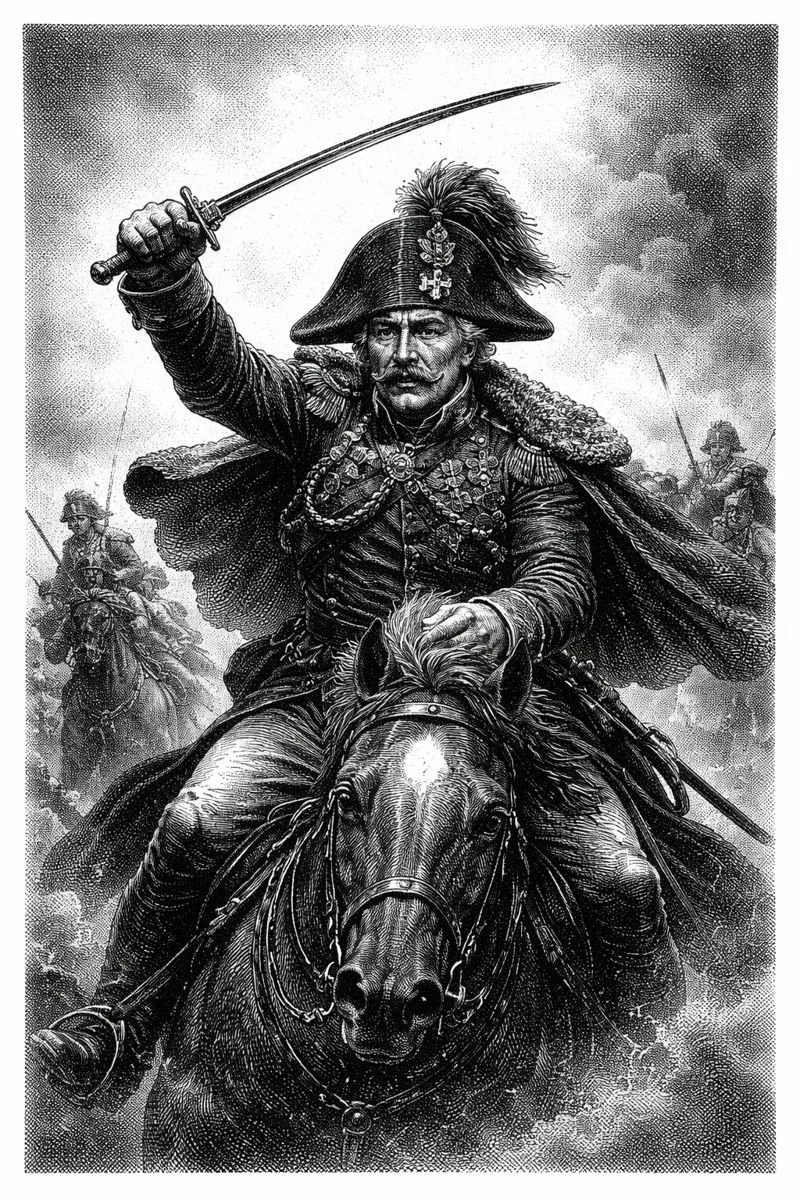 Black-and-white stippling illustration of Prussian field marshal Gebhard Leberecht von Blücher charging on horseback, saber raised, uniform billowing, face grim and determined amid smoke and battlefield chaos.