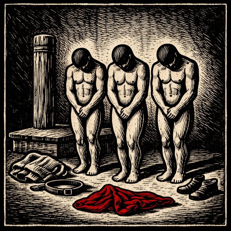 Woodcut-style illustration of three bowed, nude figures covering themselves modestly in a public square, with discarded clothing and a red cloth on the ground, symbolizing historical public shaming rituals and institutional humiliation.