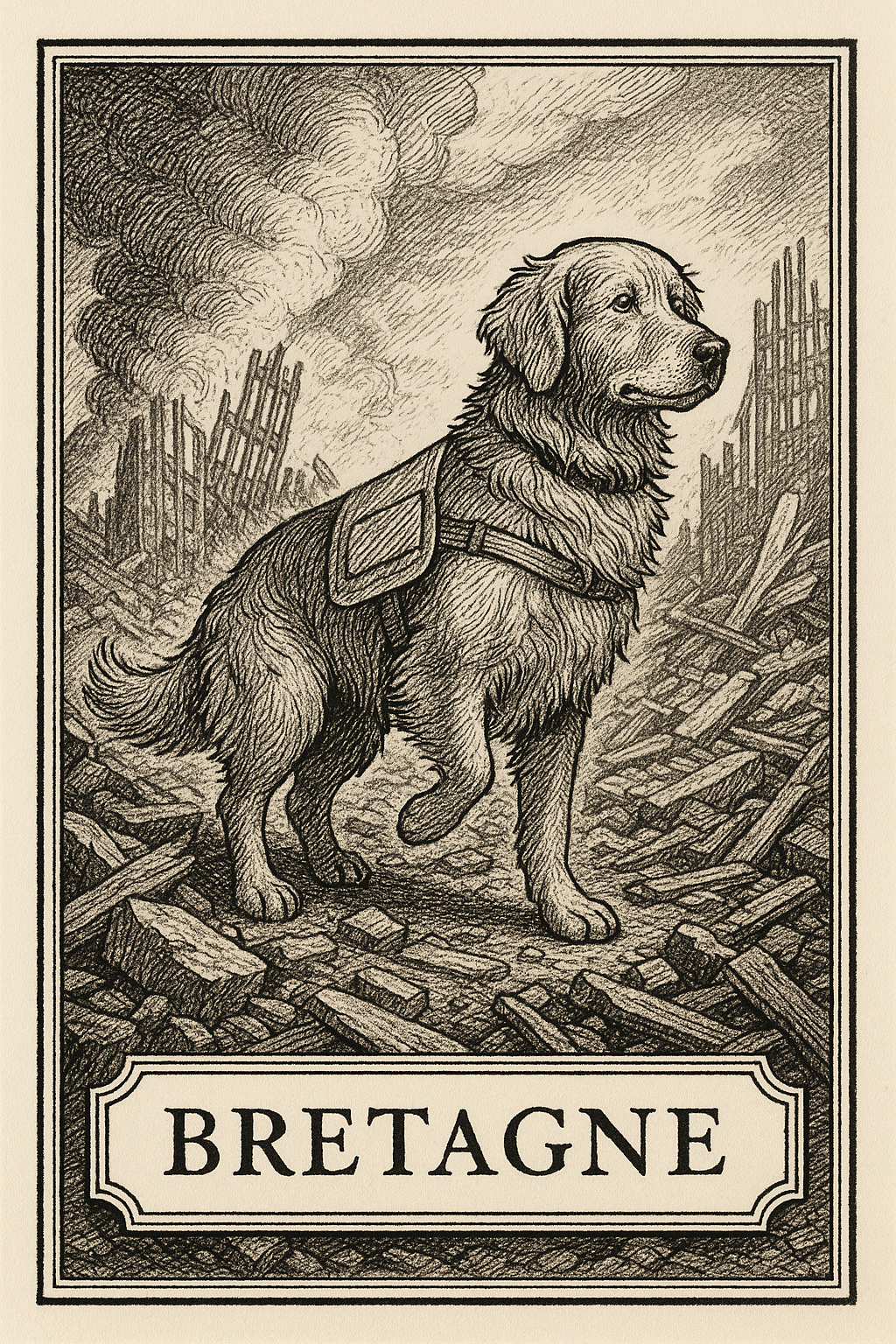Engraved black-and-white illustration of a golden retriever search-and-rescue dog standing amid the rubble of a destroyed city, wearing a working harness, framed like a vintage memorial card with the name “Bretagne” beneath the image.