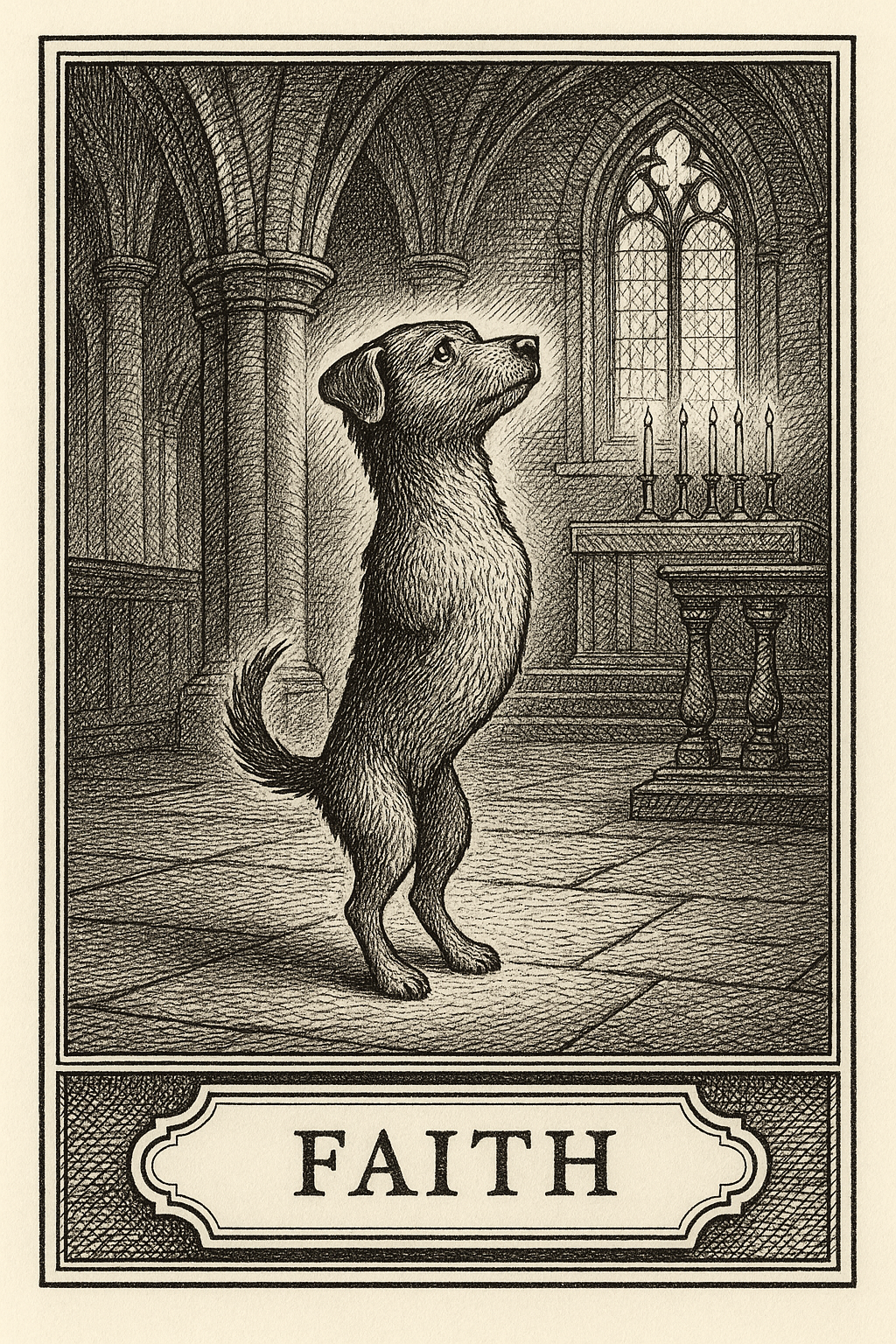 Engraved illustration of a small dog standing on its hind legs inside a candlelit Gothic church, looking upward toward the altar, with the word Faith beneath the image.