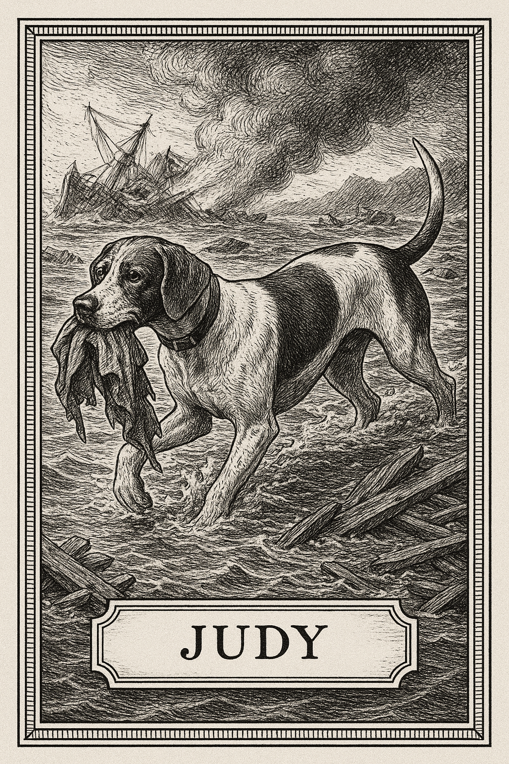 Black-and-white engraved illustration of Judy the English pointer standing in rough water with shipwreck debris, a sinking ship and smoke in the background, framed by an atlas-style border with her name in a cartouche.