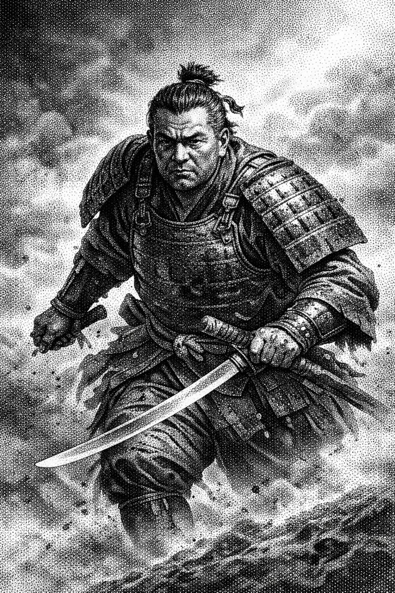 Saigo Takamori advancing uphill at Shiroyama in samurai armor holding a katana amid smoke and dust in a black and white stippling illustration