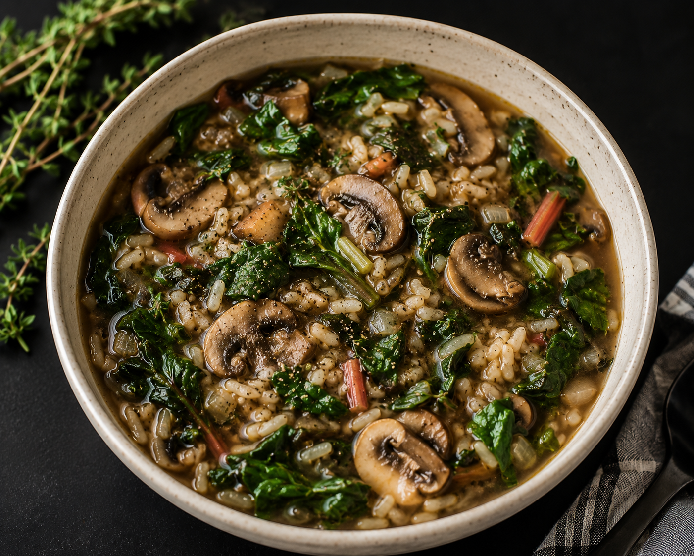 Mushroom, Swiss Chard, and Brown Rice Soup