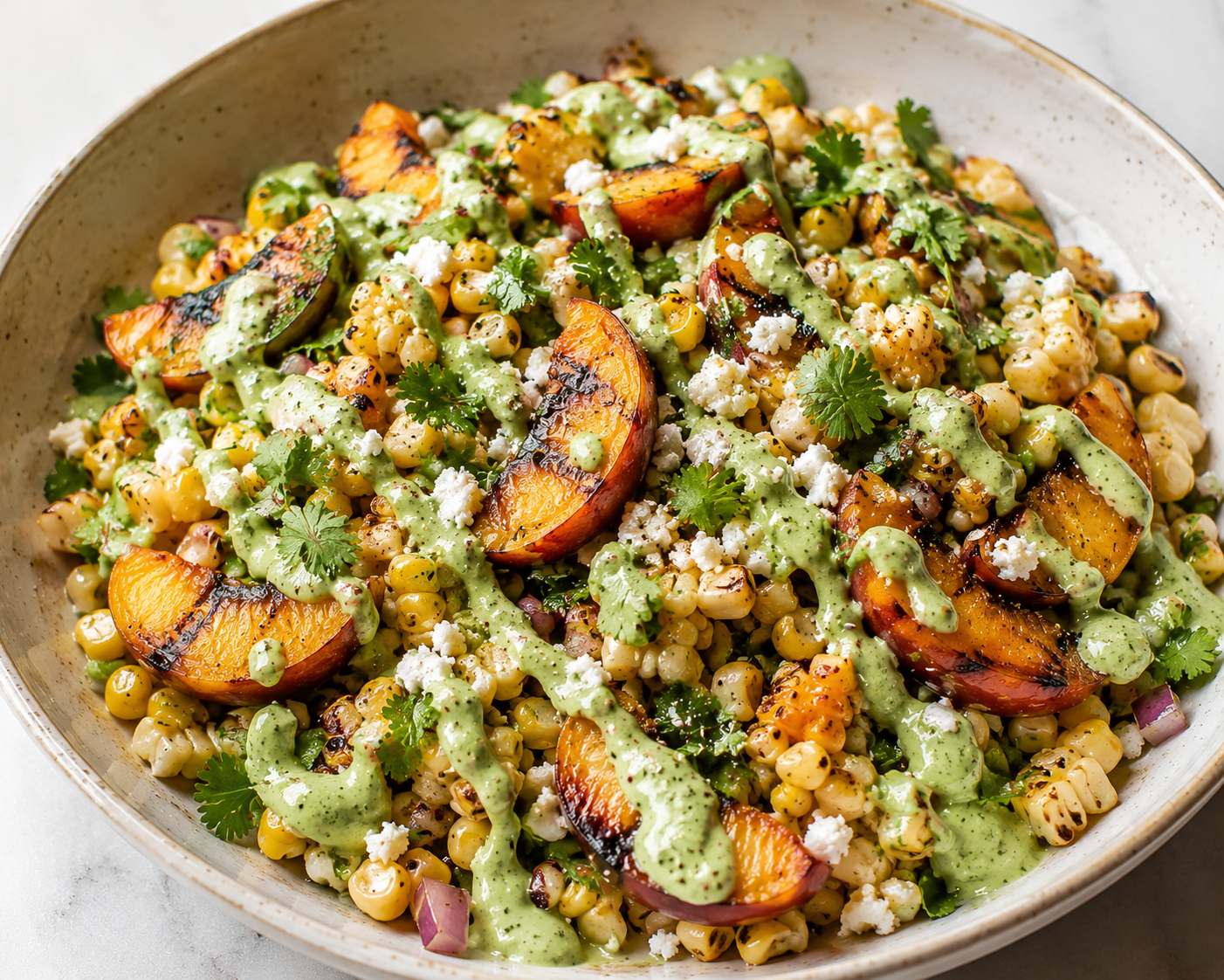 Charred Peach and Sweet Corn Salad, Cotija, Roasted Poblano Crema