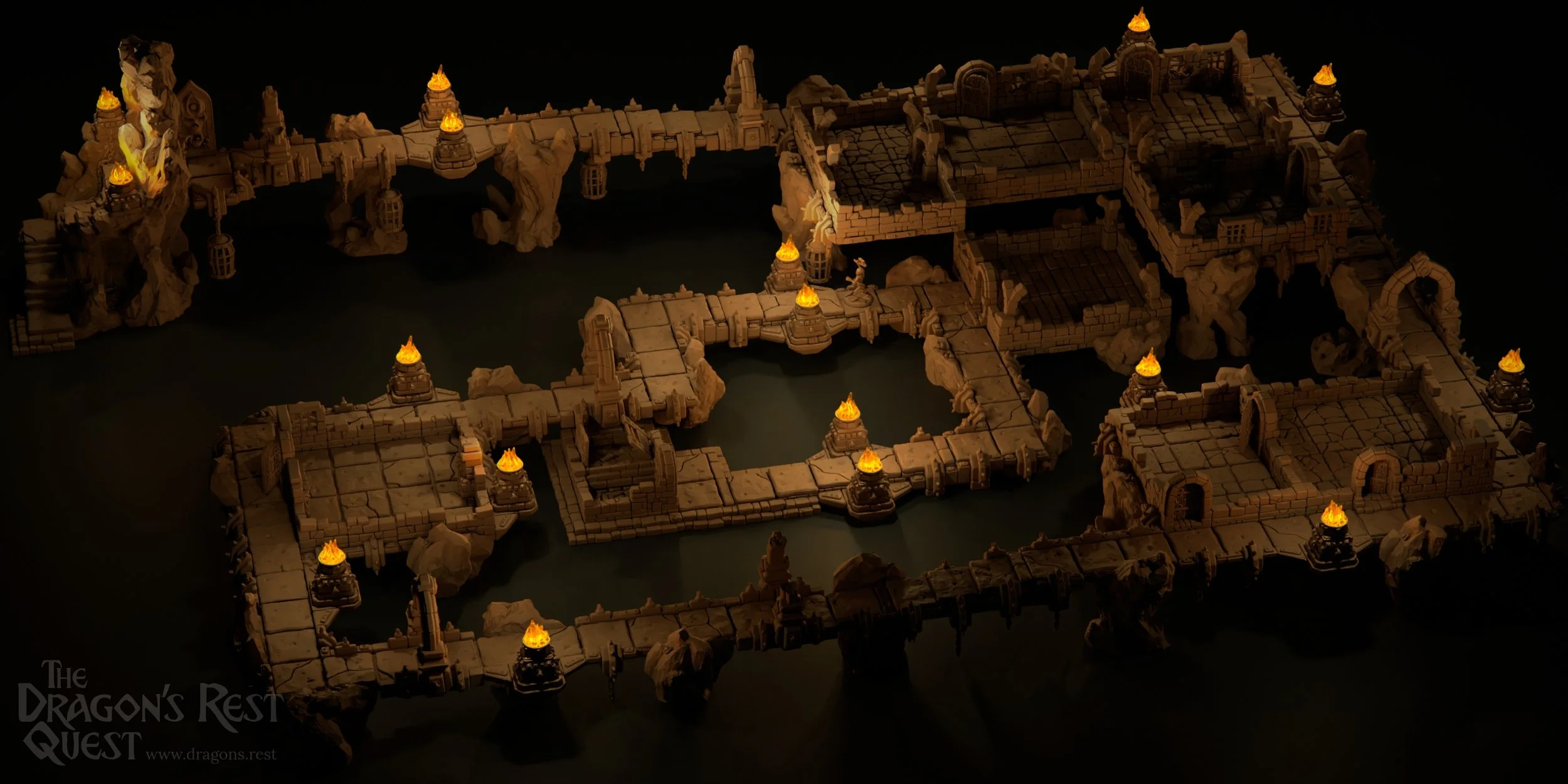 A detailed, illuminated tabletop RPG map of a dungeon with fire torches along the walls, featuring various rooms, corridors, and rocky areas, set on a black background.