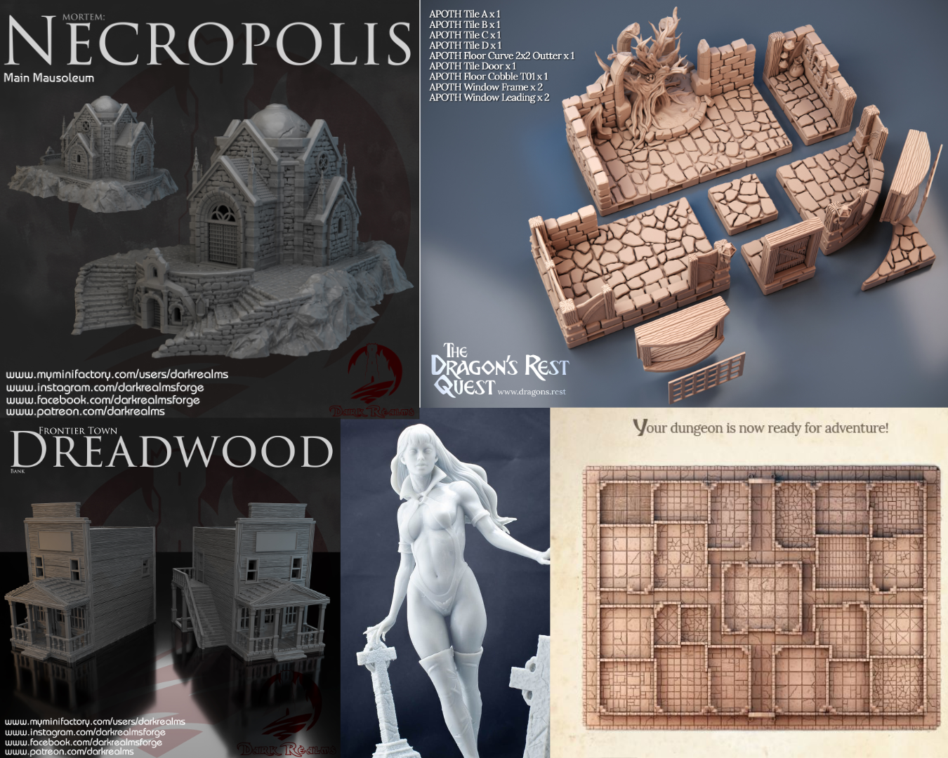 Various 3D printable tabletop game terrain pieces, including a haunted house, dungeon tiles, a wooden town building, and a fantasy statue of a female warrior, along with text and website links.