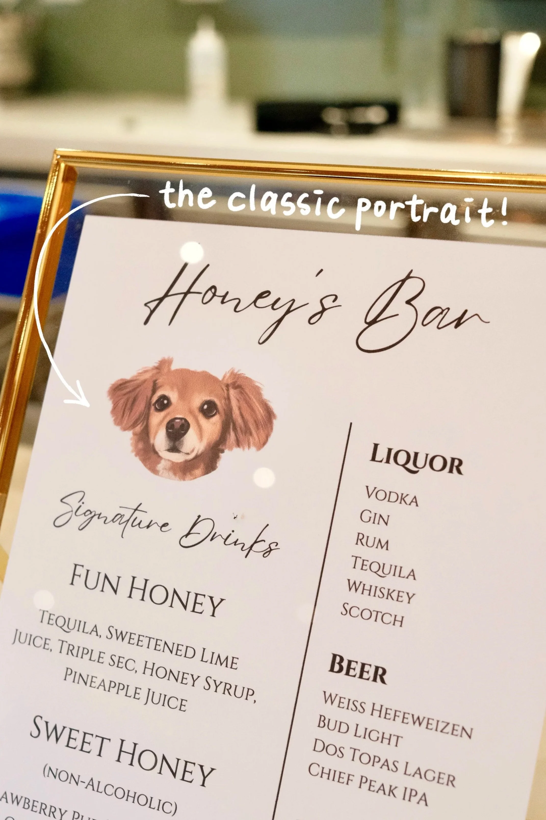 Menu for Honey's Bar featuring a dog illustration, signature drinks called Fun Honey and Sweet Honey, and a list of liquors, beers, and non-alcoholic options.