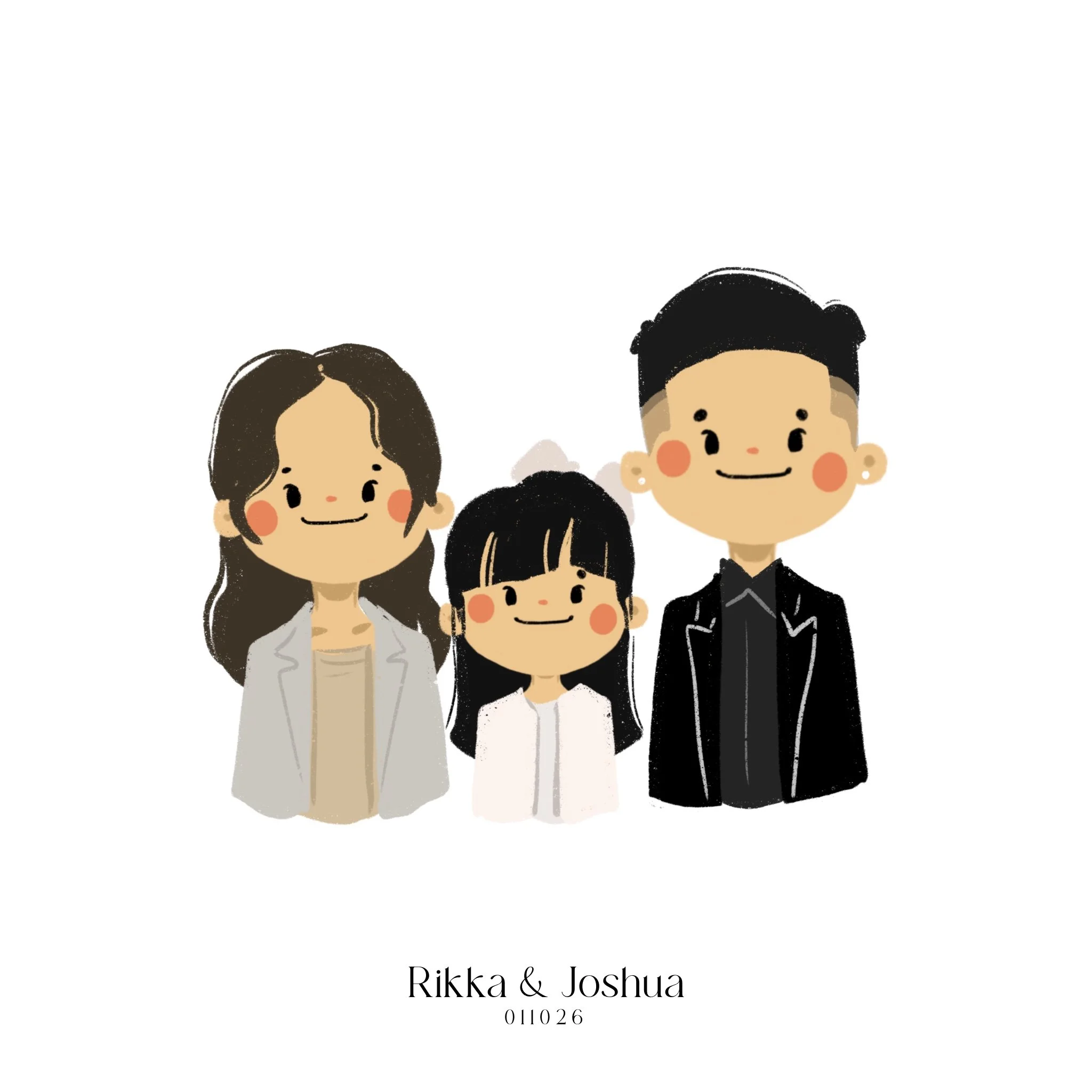Illustration of a family portrait including a woman, a girl, and a man, with the names Rikka and Joshua and the date 01/10/26 written below.