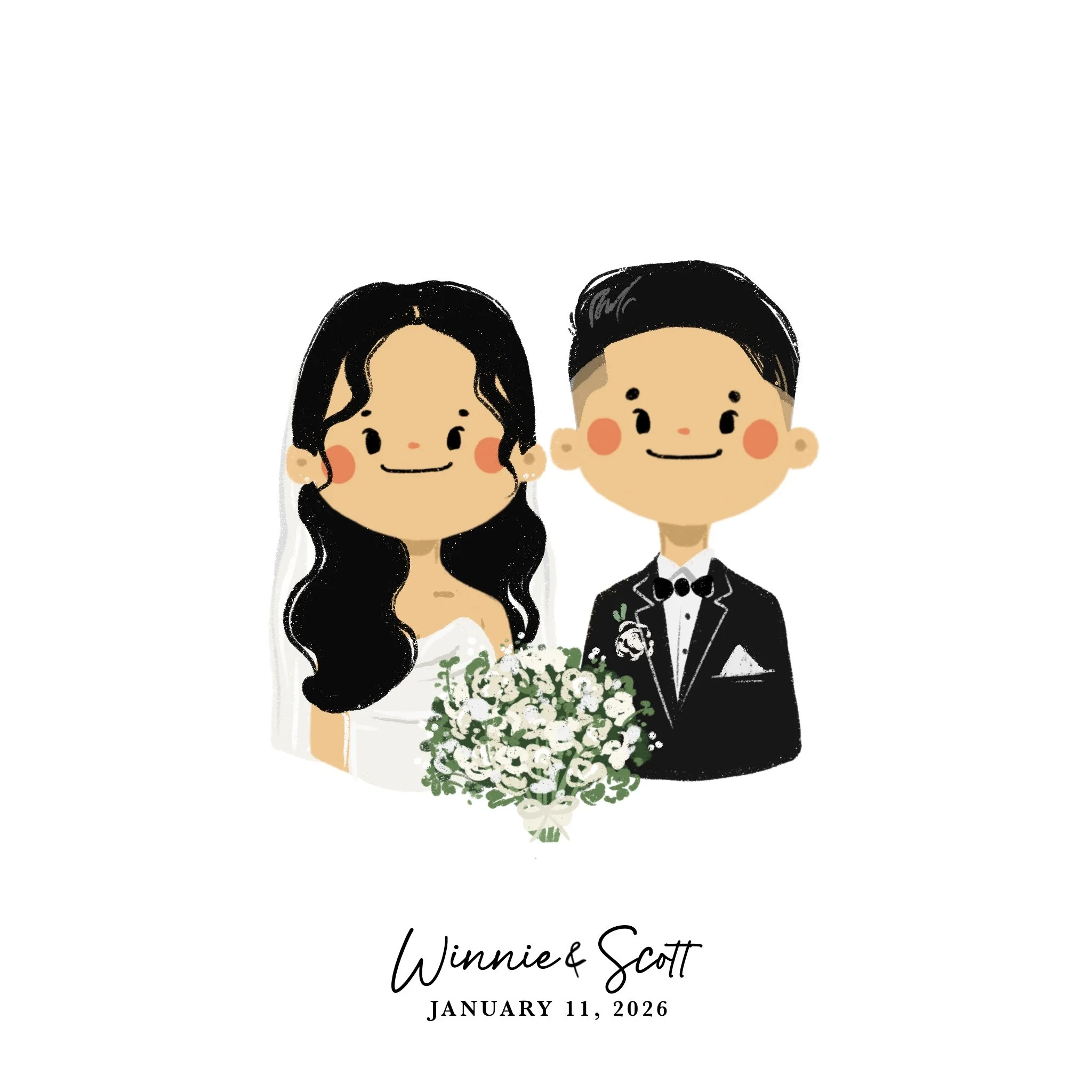 A digital cartoon illustration of a bride and groom. The bride has long black hair and is wearing a white wedding dress with a bouquet of white flowers. The groom has short black hair, a black tuxedo, and a black bow tie. Below them, the text reads "