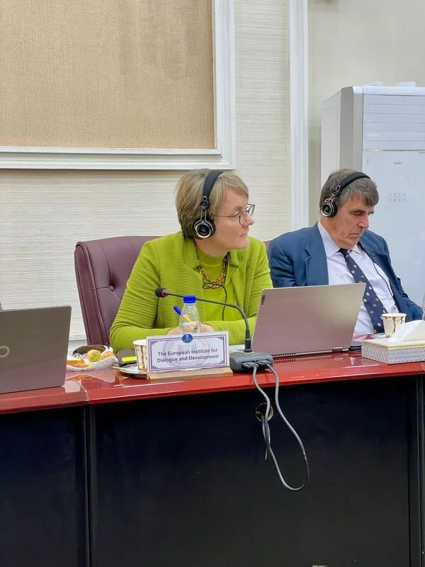 Zwei Personen sitzen an einem Konferenztisch mit Laptops, tragen Kopfhörer und scheinen in einem Meeting zu sein. Ein Name Tag zeigt "The European Institute for Dialogue and Development".