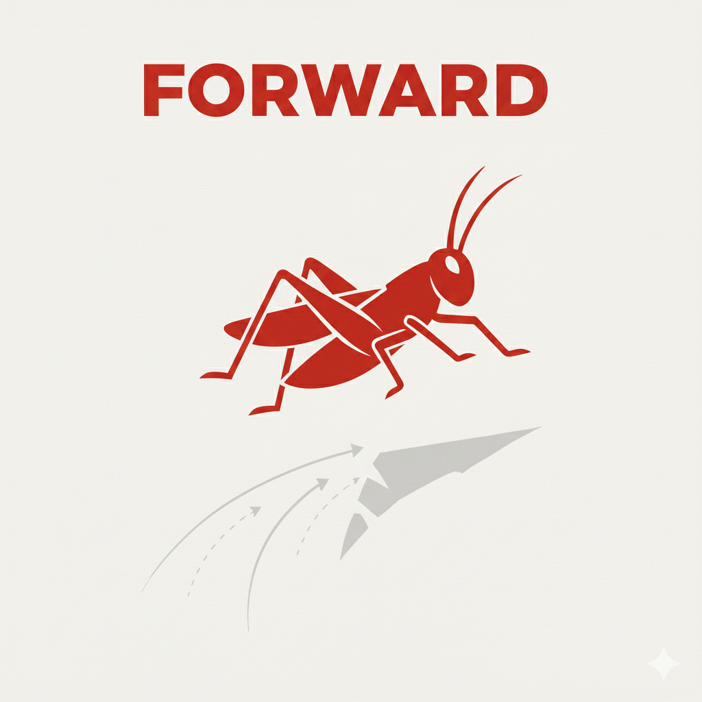 Red insect with the word 'FORWARD' written above it and a gray arrow pointing upward.