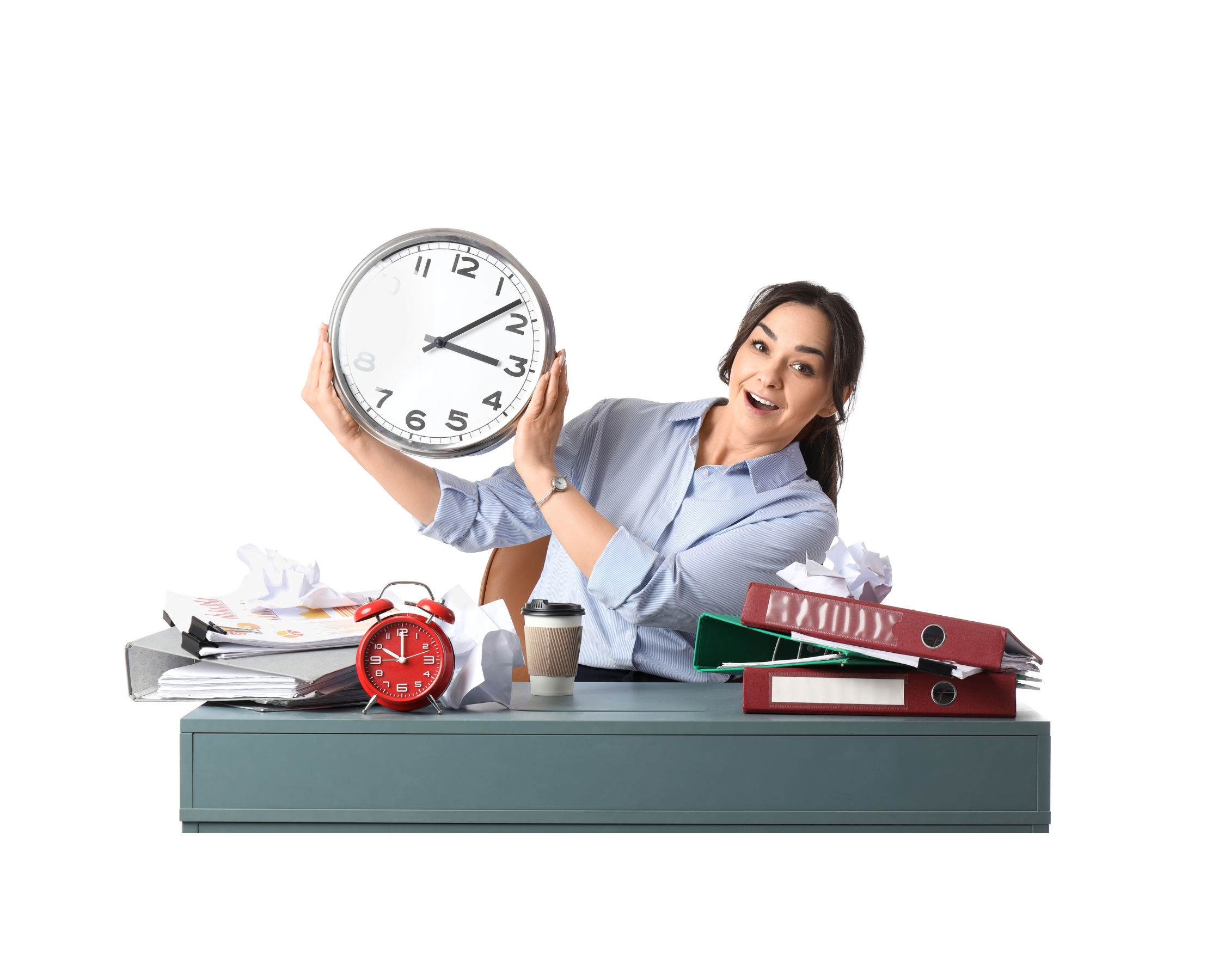 A woman sitting at an cluttered desk holding a large clock showing about 2:12, with a surprised expression.