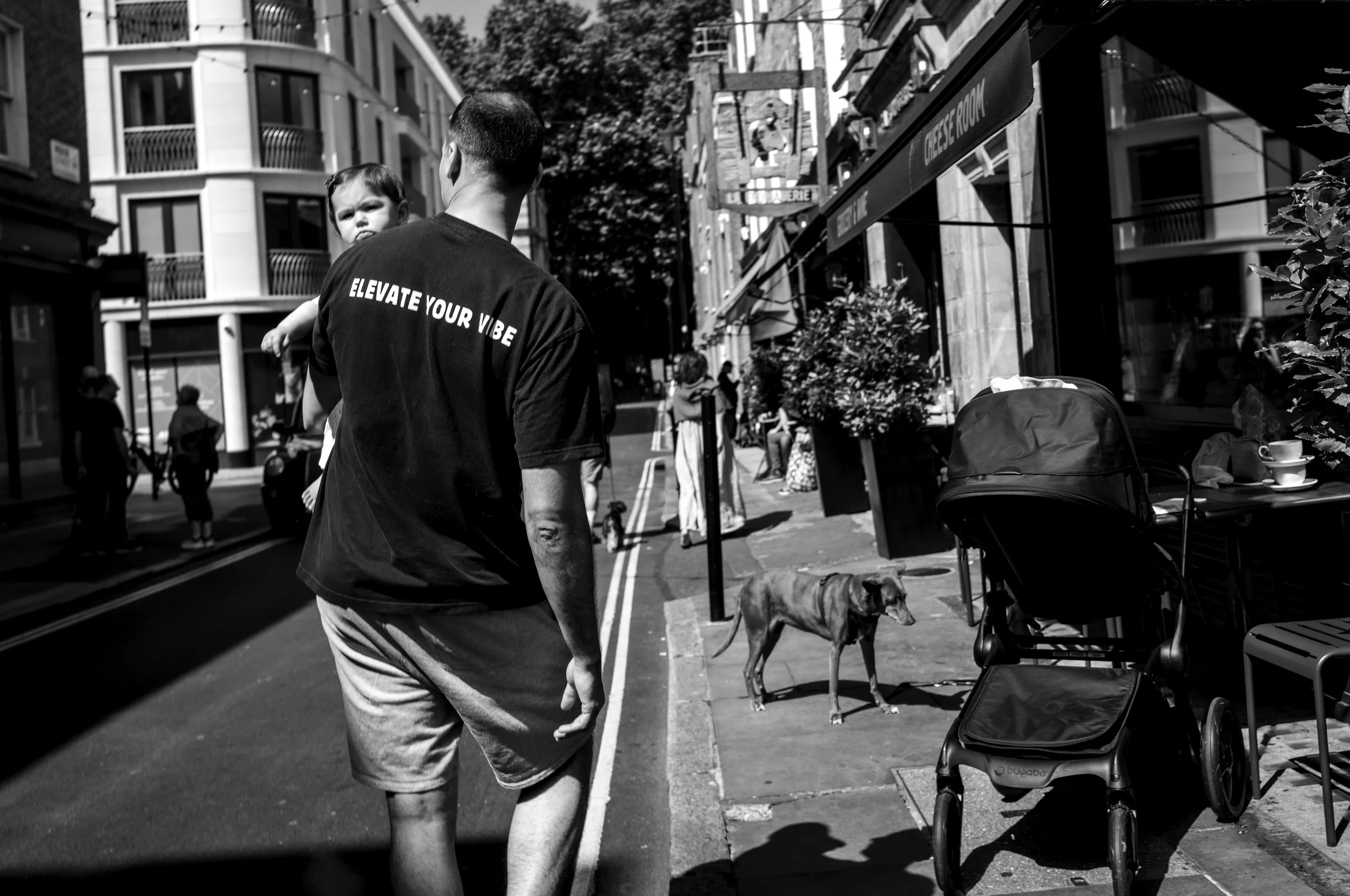 A man walks down a city sidewalk carrying a child on his shoulder. The man wears a T-shirt with the words 'ELEVATE YOUR VIBE.' A dog stands beside an empty stroller last to the right. There are buildings, trees, and other pedestrians in the backgroun