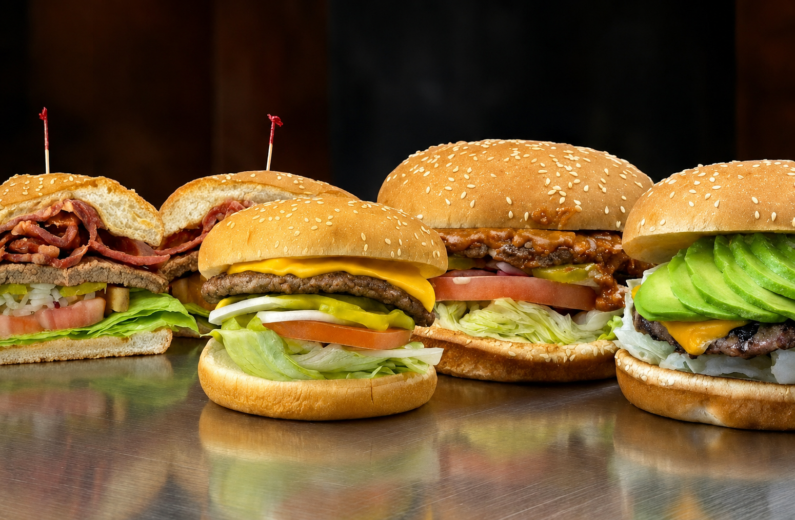 cheeseburger, pastrami burger, chili cheeseburger, avocado burger