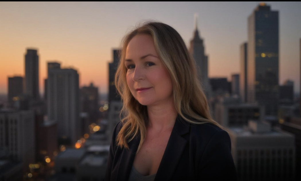 A woman with blonde hair wearing a black blazer, standing on a rooftop with a city skyline at sunset in the background.