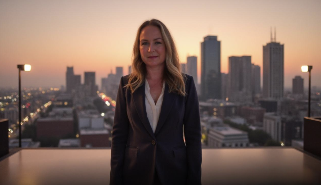 A woman in a business suit standing on a rooftop with a city skyline at sunset in the background.