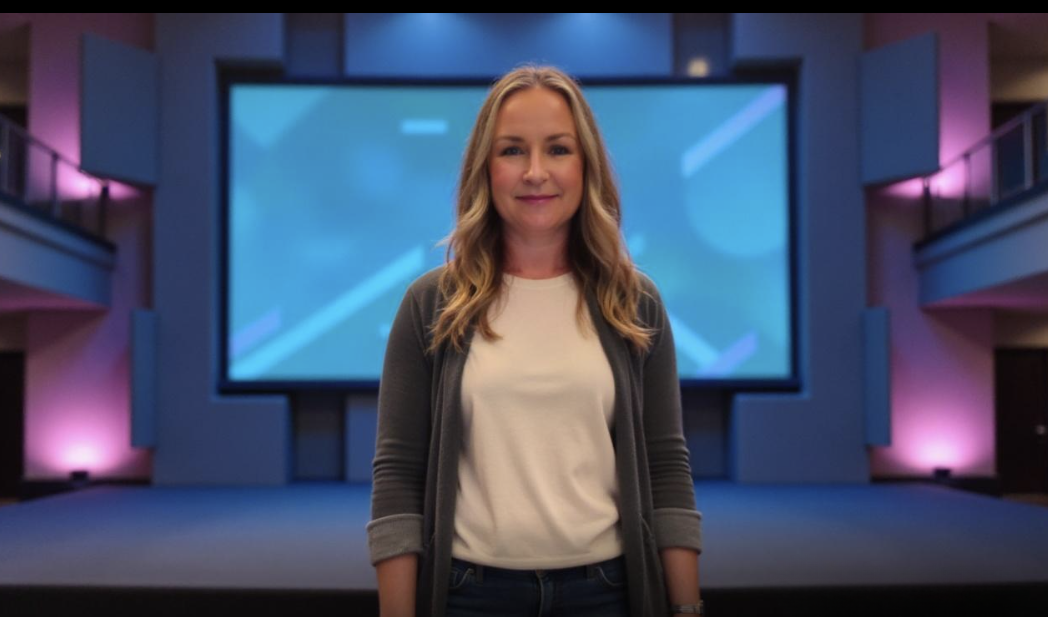 Laura Cloney, Founder LCTalentLab standing in front of a large digital screen in a conference room with purple lighting.