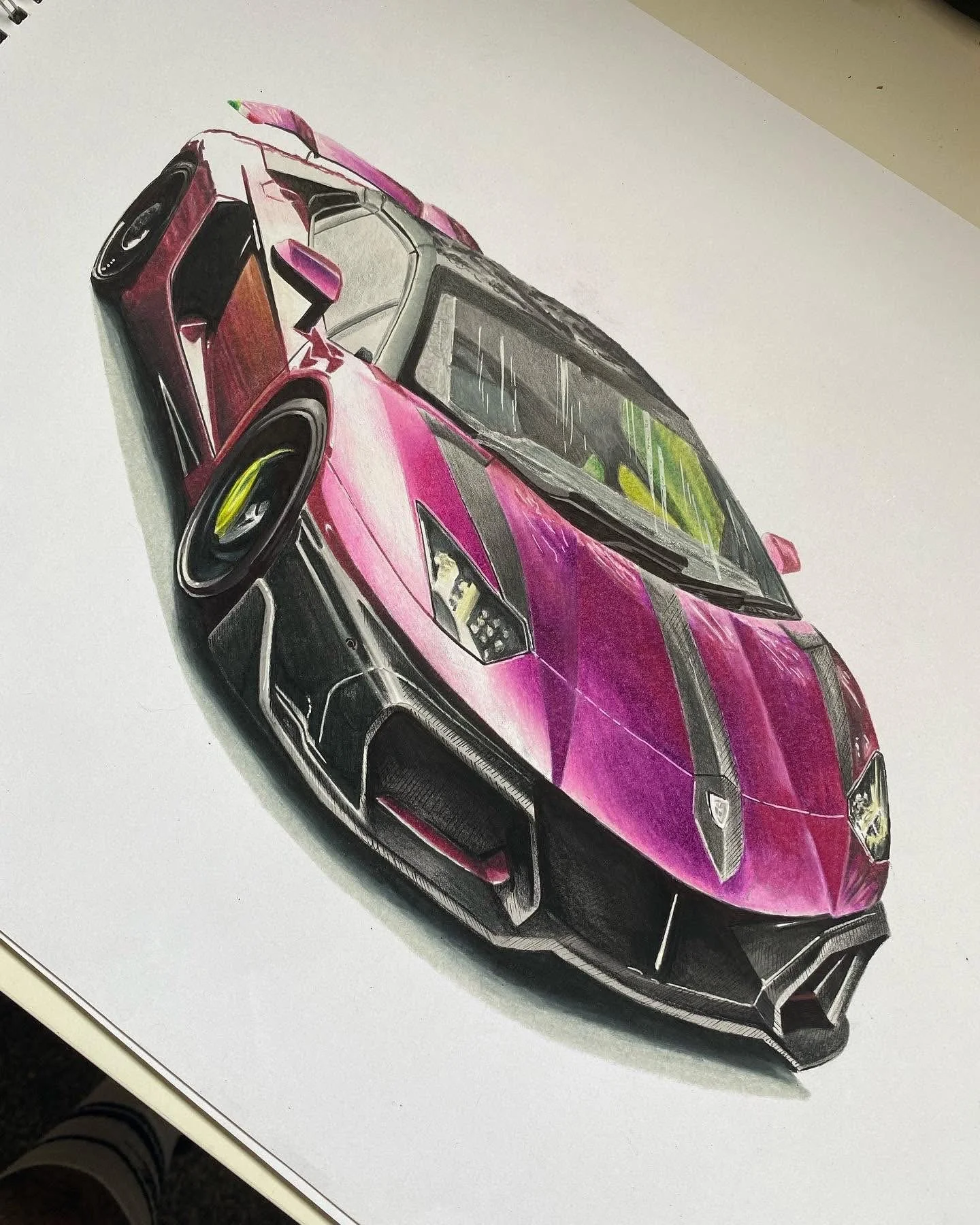 Colored pencil drawing of a pink sports car on white paper.