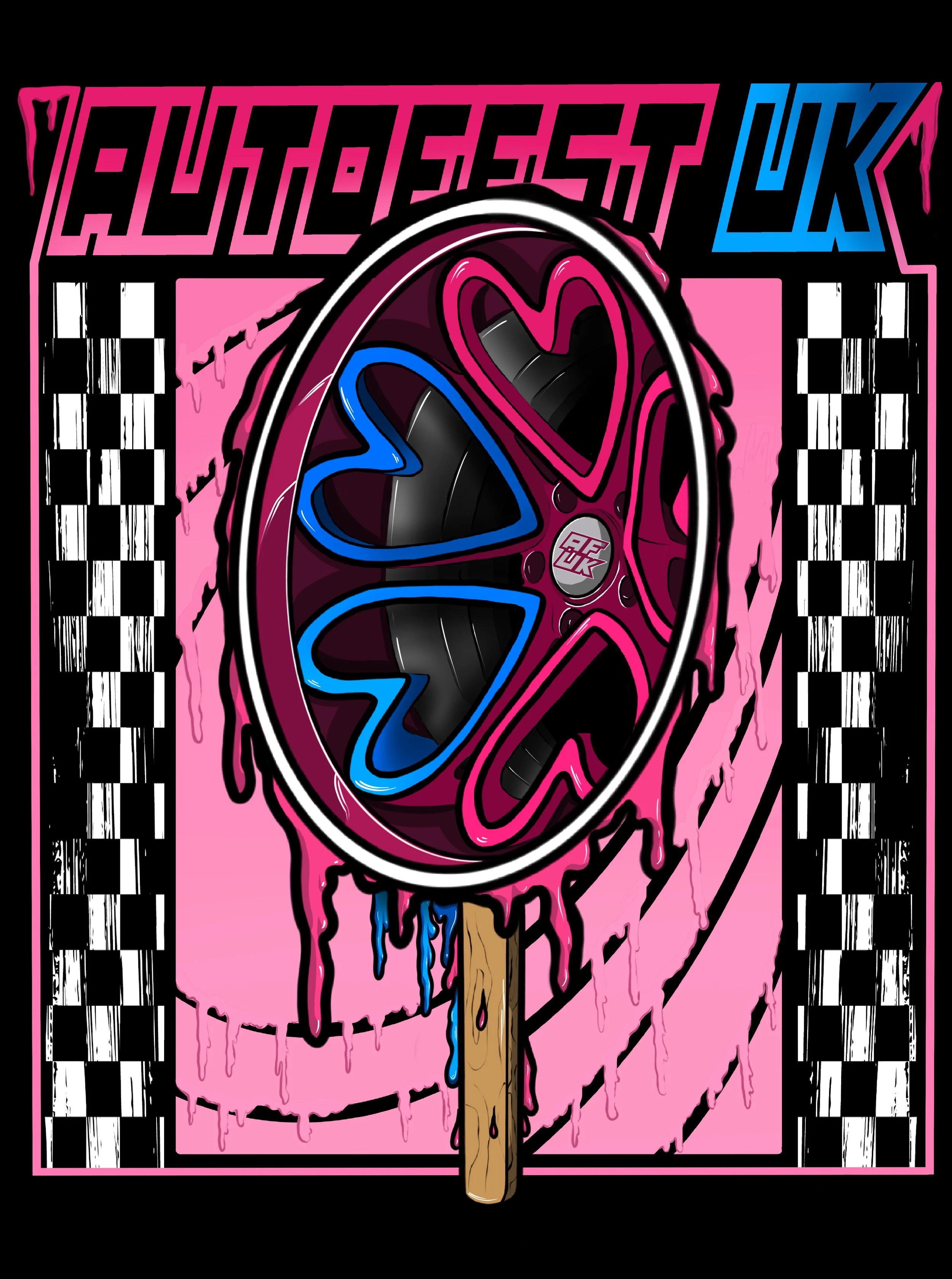 Colorful neon-style artwork of a pink and blue monster truck wheel on a popsicle stick, with dripping neon outlines, a pink background, and black-and-white checkered sides.