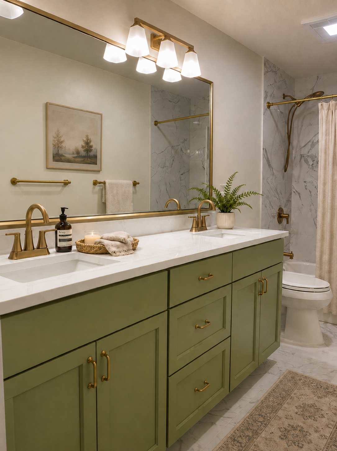A tranquil bathroom remodel designed and built by Nordic Home Solutions. The bathroom features soft green custom build cabinetry, marbled white countertops, custom tile shower, and polished bronze hardware.