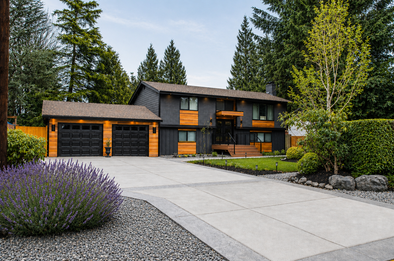 Remodeled Exterior home Dark Gray with Beautiful Wood Siding 