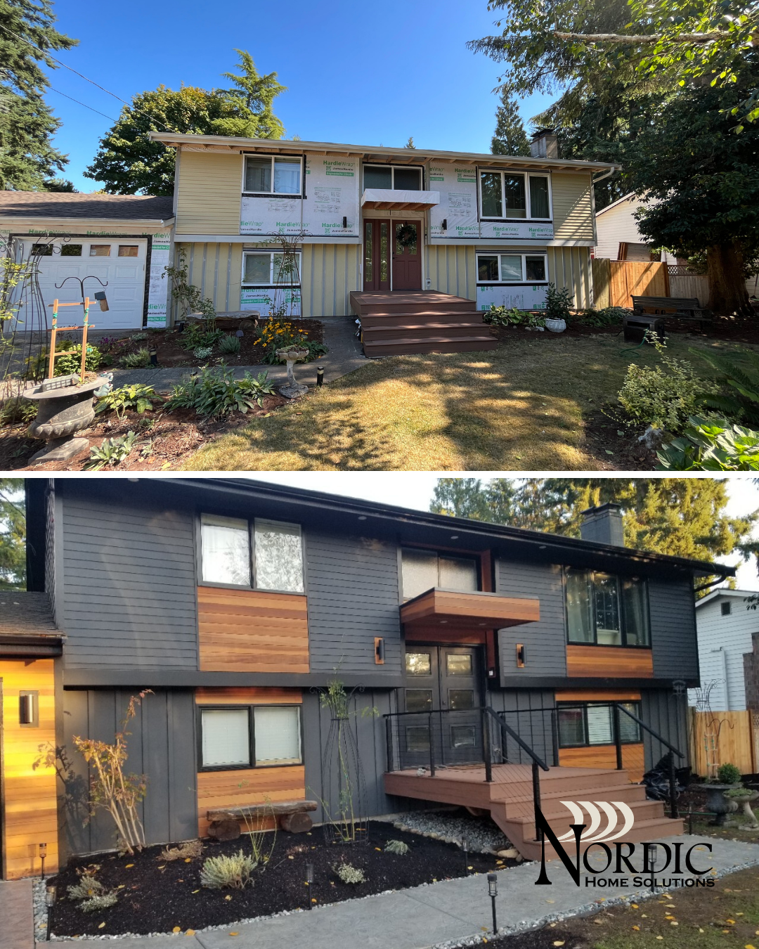 Exterior Remodel showing a before and after of a home that had siding replacement and a new front porch built