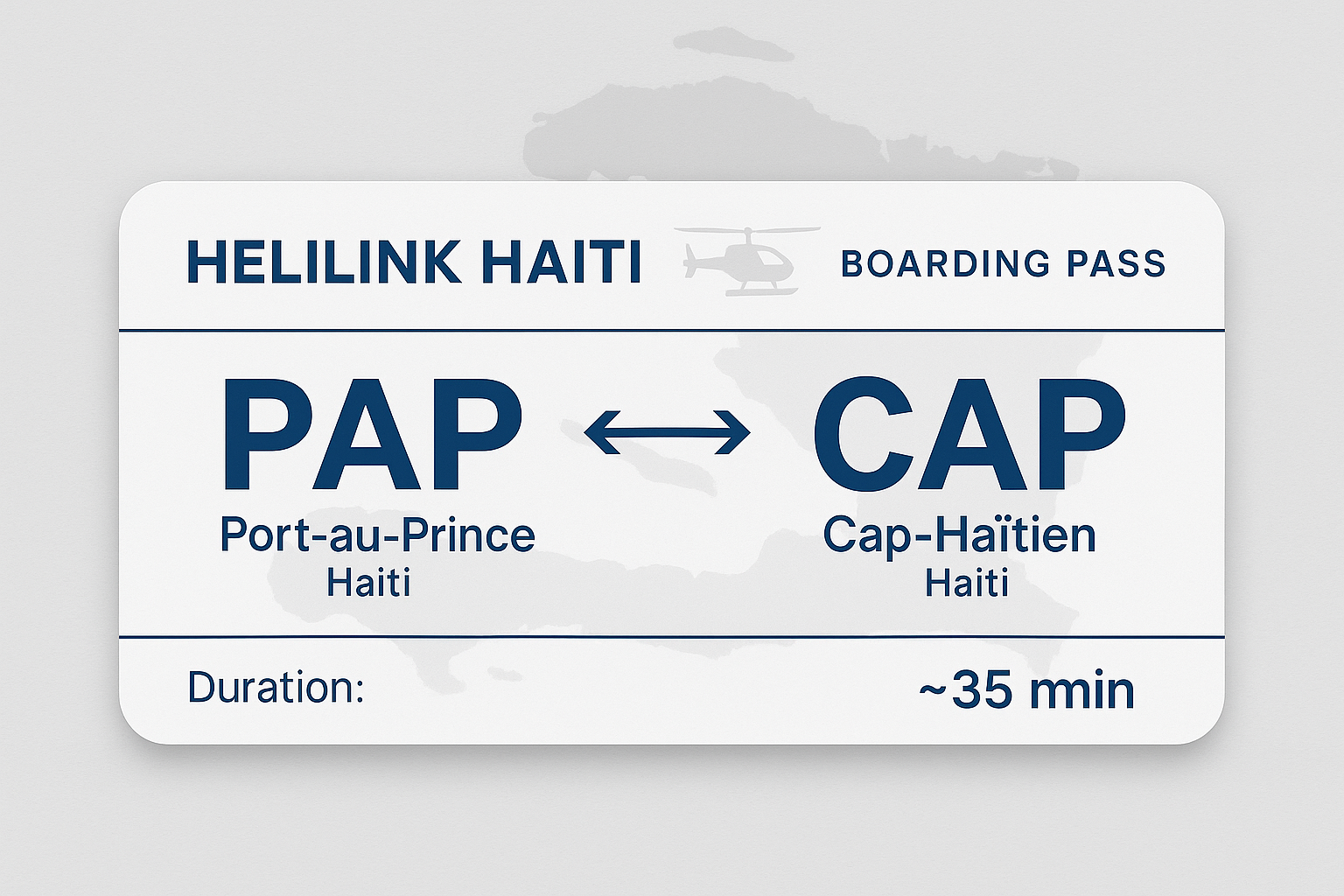 Boarding pass for Helilink Haiti showing flight from Port-au-Prince, Haiti to Cap-Haitian, Haiti, with an approximate duration of 35 minutes.