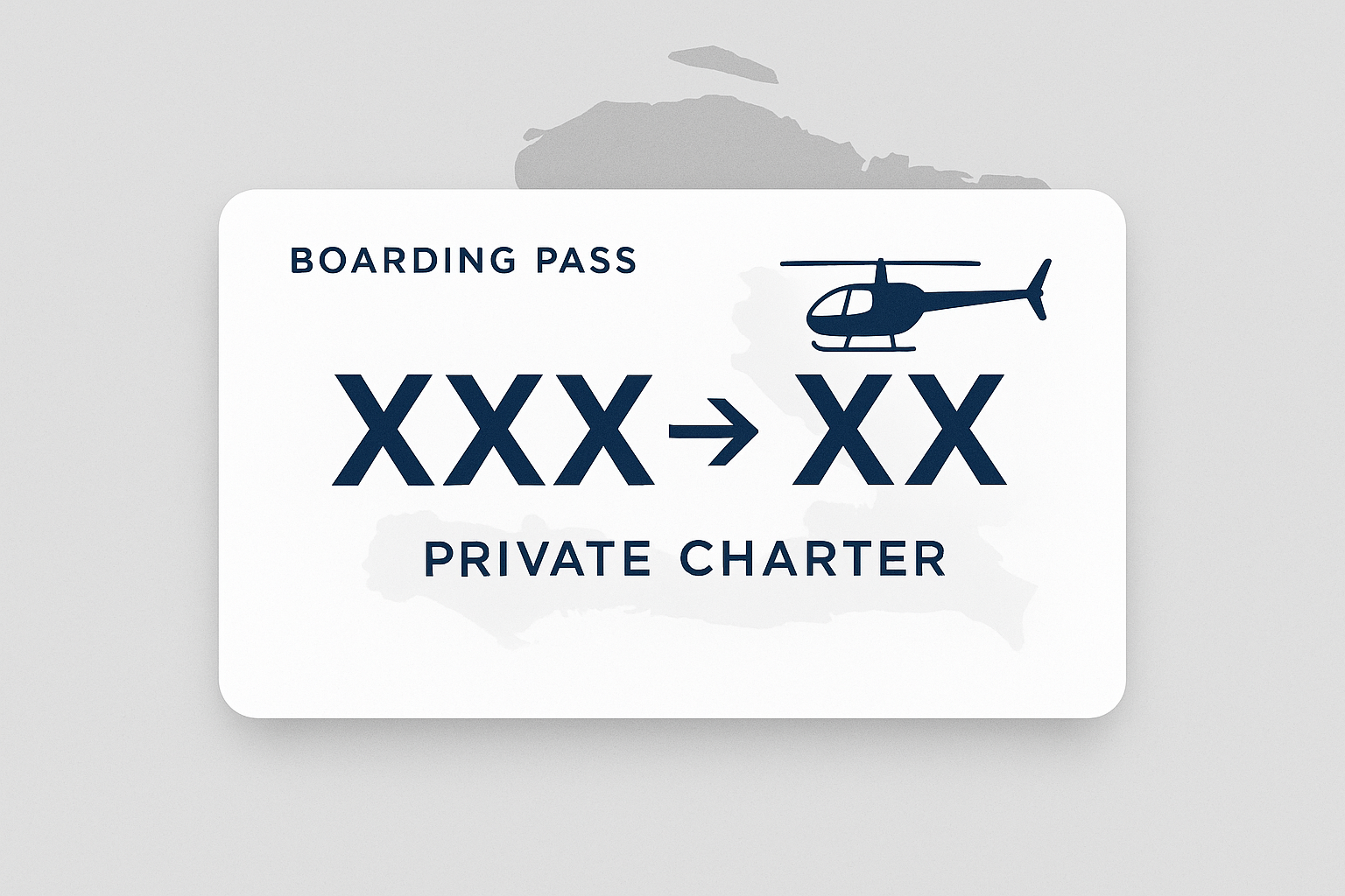 Private jet boarding pass with a helicopter icon and a map in the background.