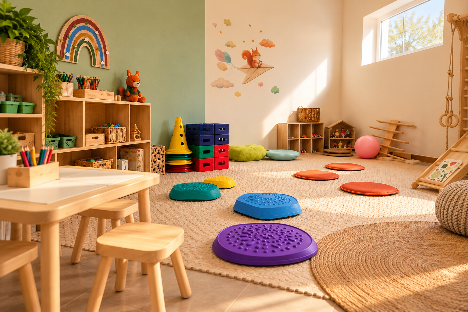 A colorful children's playroom with various toys, cushions, and decorations. Bright sunlight streams through a window.