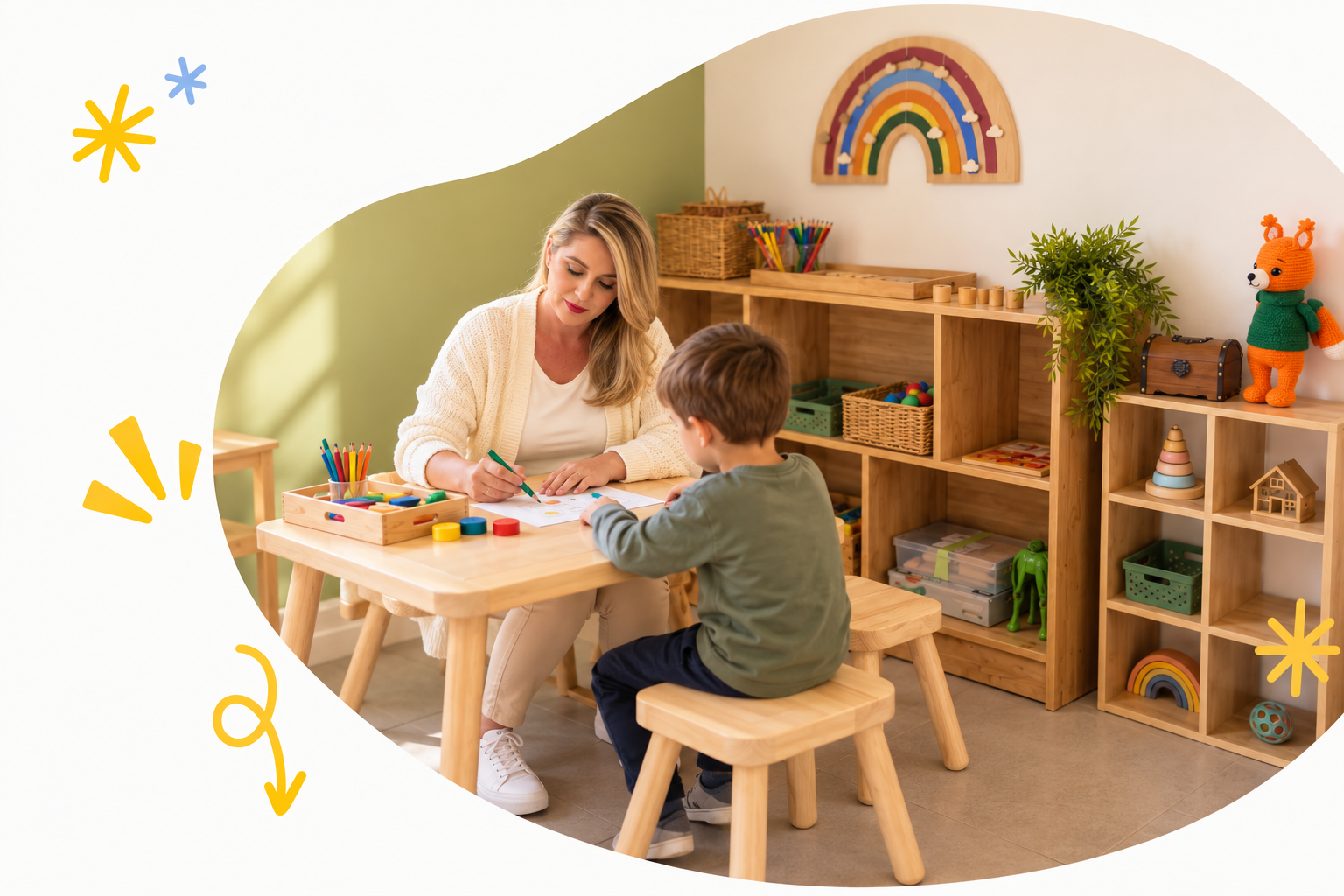 A woman and a boy sitting at a wooden table, coloring with markers in a playroom with colorful toys and decorations on shelves.