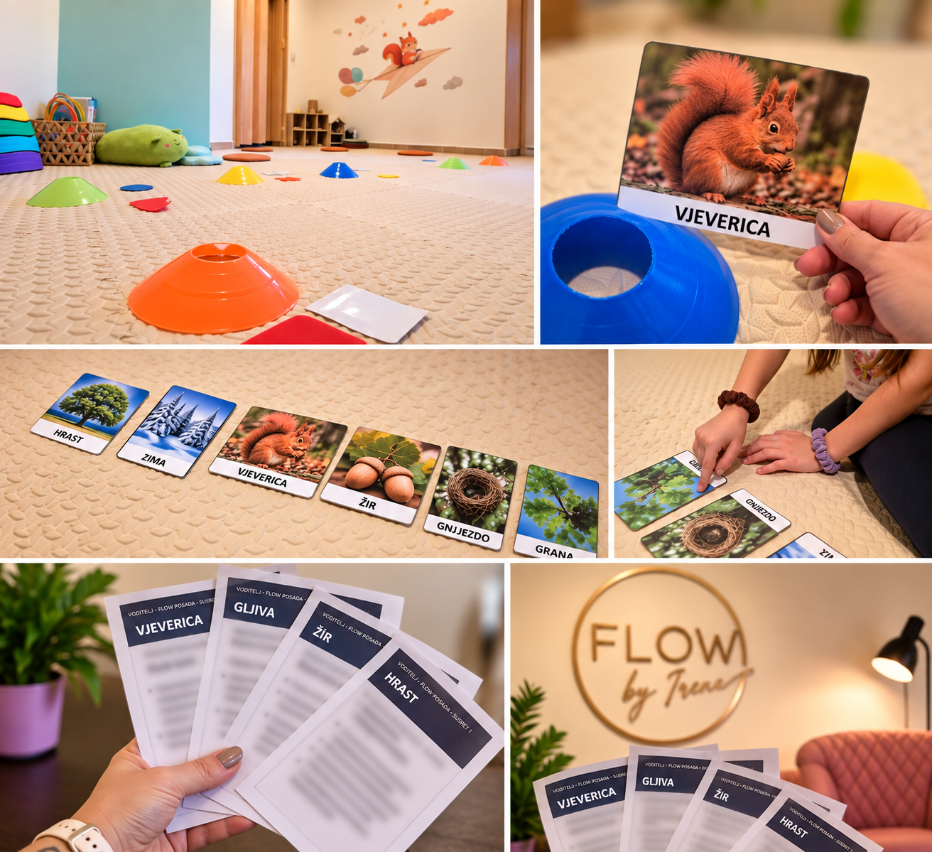 Children's educational activity setup with colorful cones, animal flashcards with animals and words, vocabulary handouts, and a sign reading 'FLOW by Tenea' in an indoor setting.