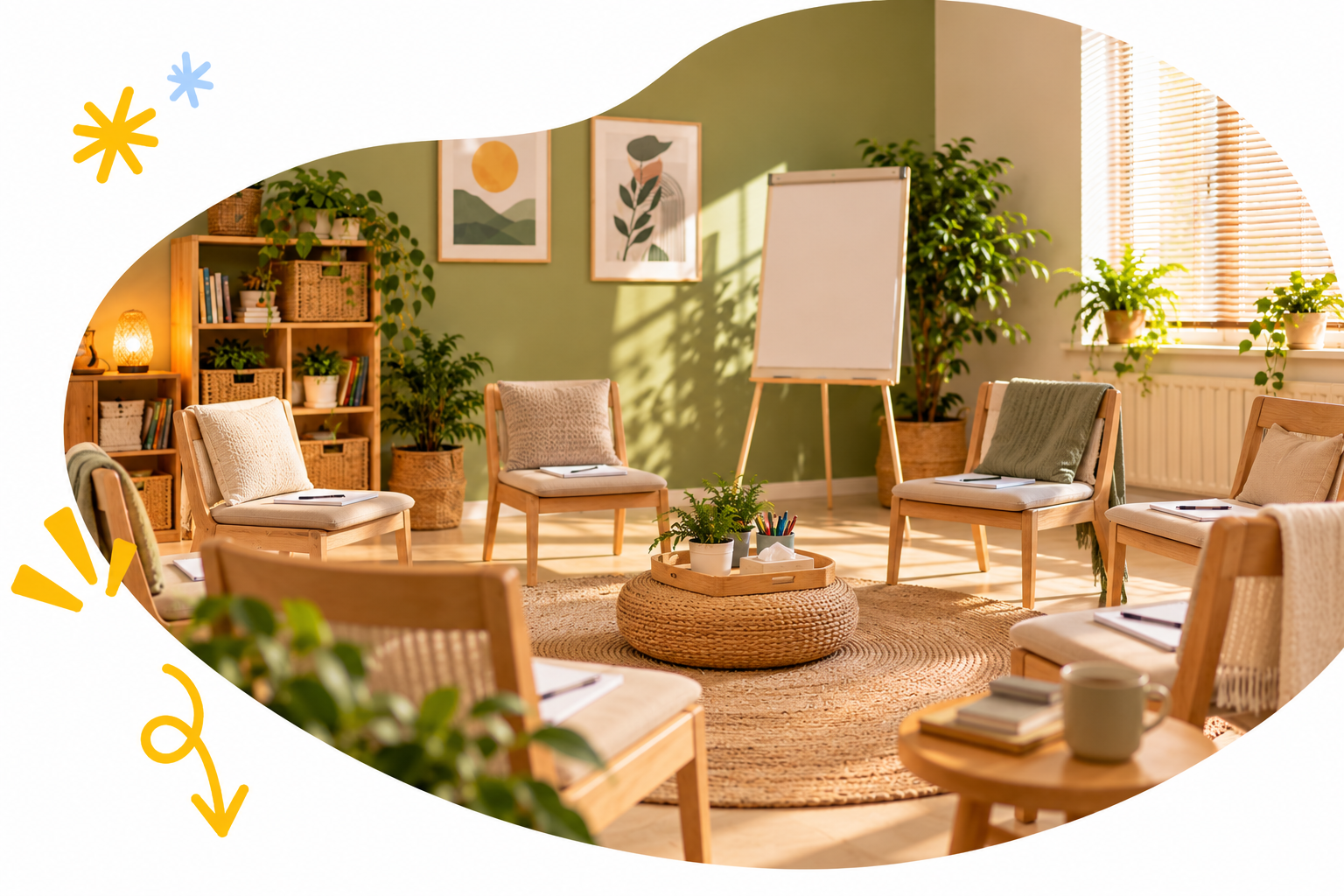 Sunlit counseling or meeting room with chairs arranged in circle, potted plants, a shelf with books and baskets, framed artwork, a whiteboard, and a round woven rug.