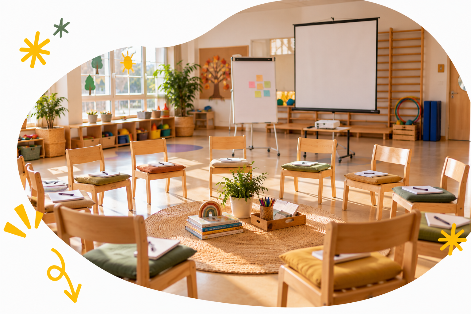 Bright classroom with wooden chairs, learning materials, and a whiteboard arranged in a circle for an activity; large windows with sunlight, indoor plants, and colorful decorations.