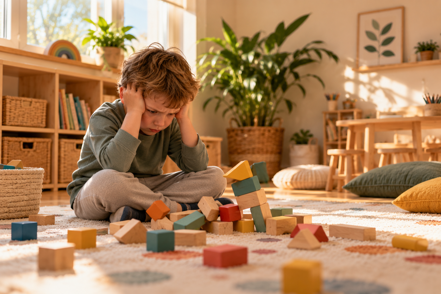 A young boy sits on a colorful rug, frustrated and holding his head with both hands, surrounded by falling and stacked wooden building blocks in a sunlit playroom with shelves, plants, and cushions.