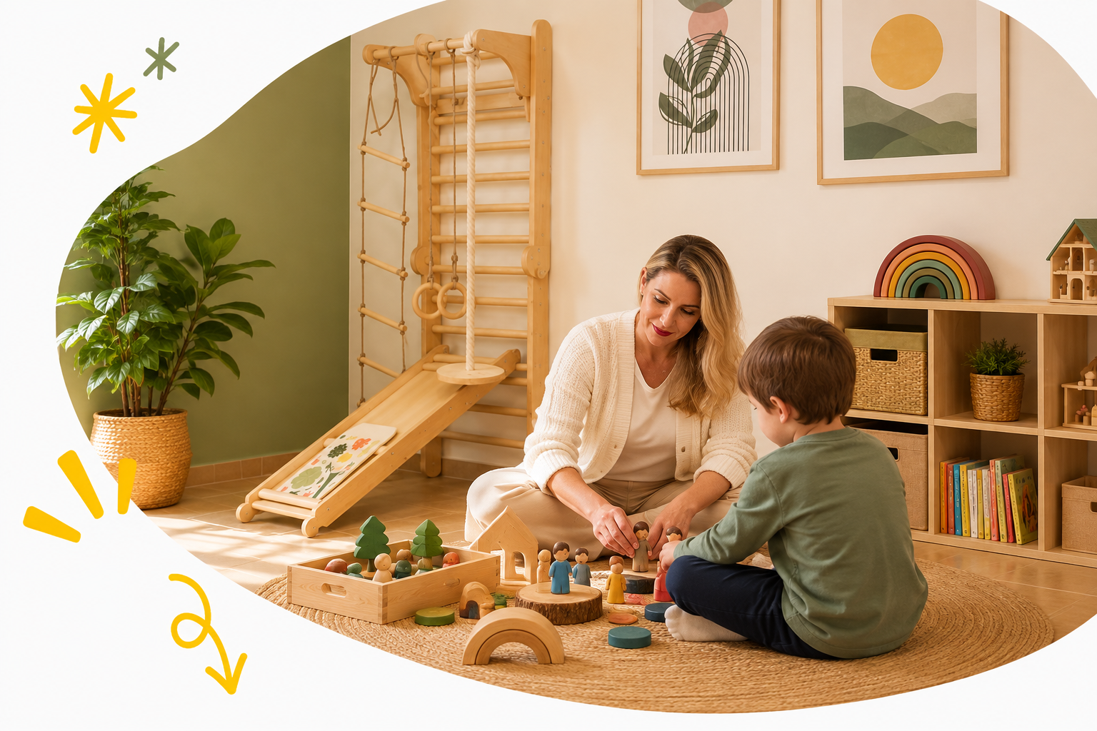 A woman and a young boy playing with wooden toys on a round rug in a cozy room decorated with nature-themed artwork and colorful decor, including a small rainbow and plants.