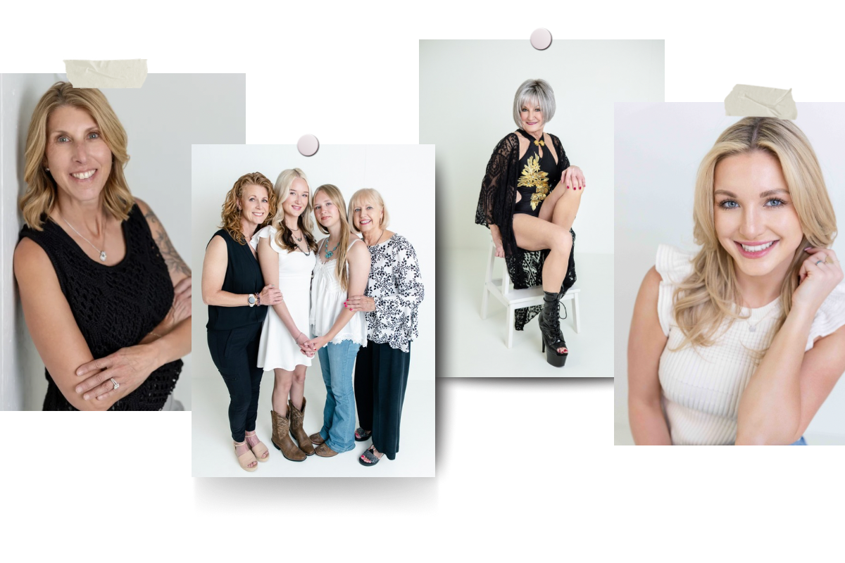 Collage of women’s studio portraits by Colorado Springs photographer Charlotte Harloff. Includes three individual sessions and one multigenerational portrait, all fully guided and styled to reflect each woman’s beauty, confidence, and story.