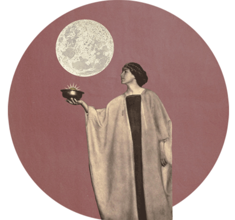 digital collage of a woman holding a bowl up toward the moon